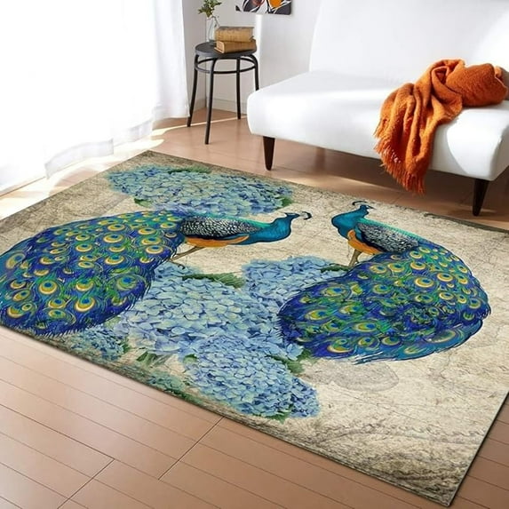 Retro Classical Peacock Area Rug, Abstract Watercolor Art Living Room Rugs, Indoor Non-Slip Kids Rugs, Machine Washable Breathable Durable Carpet For Front Entrance Floor Decor 5x7ft