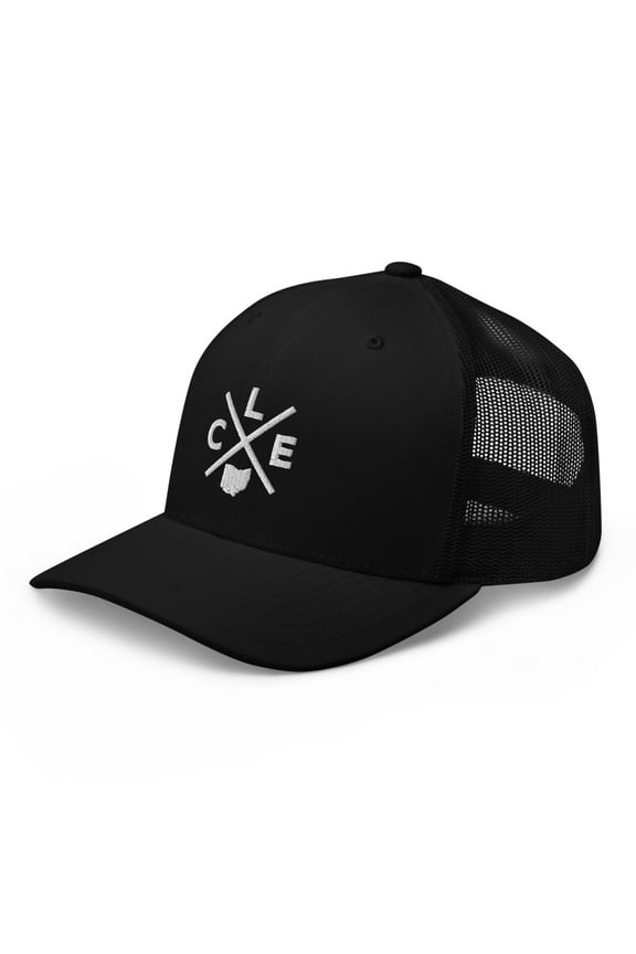 Retro Cleveland Trucker Hat Mesh CLE Cross Trucker Cap (Black)