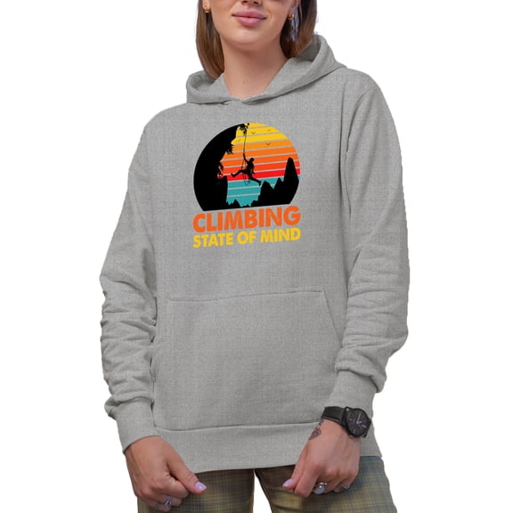 Retro Climbing State of Mind, Rock Climber Quote, Heather Grey Hooded Sweatshirt or Hoodie, XL