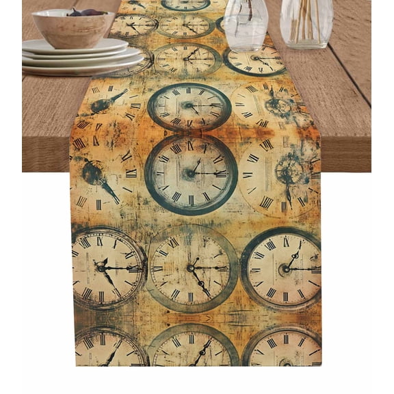 Retro Clock Burlap Cotton Table Runner 13x70 Inches Long, Vintage Abstract Art Orange Green Farmhouse Farmhouse Table Runners, Outdoor Dining Tablecloths Decor for Baby Shower/Party/Wedding