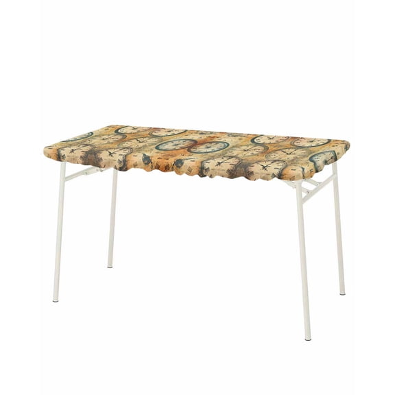 Retro Clock Rectangle Tablecloth, Waterproof Elastic Fitted Table Covers for 8 Foot Tables, 32x96inch Decorative Tablecloths for Picnic, Camping, Outdoor, Vintage Abstract Art Orange Green Farmhouse