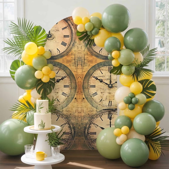 Retro Clocks Arch Backdrop Cover, 4FT, Hand Painted Vintage Spandex Arch Covers Double-Sided Backdrop for Wedding Birthday Party Photo Background Decoration