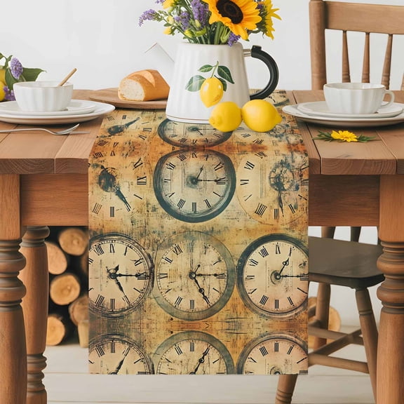 Retro Clocks Dining Table Runner, Hand Painted Washable Table Runners Kitchen Coffee Table Center Decor for Home Party Holiday Wedding 13 x 70 Inches