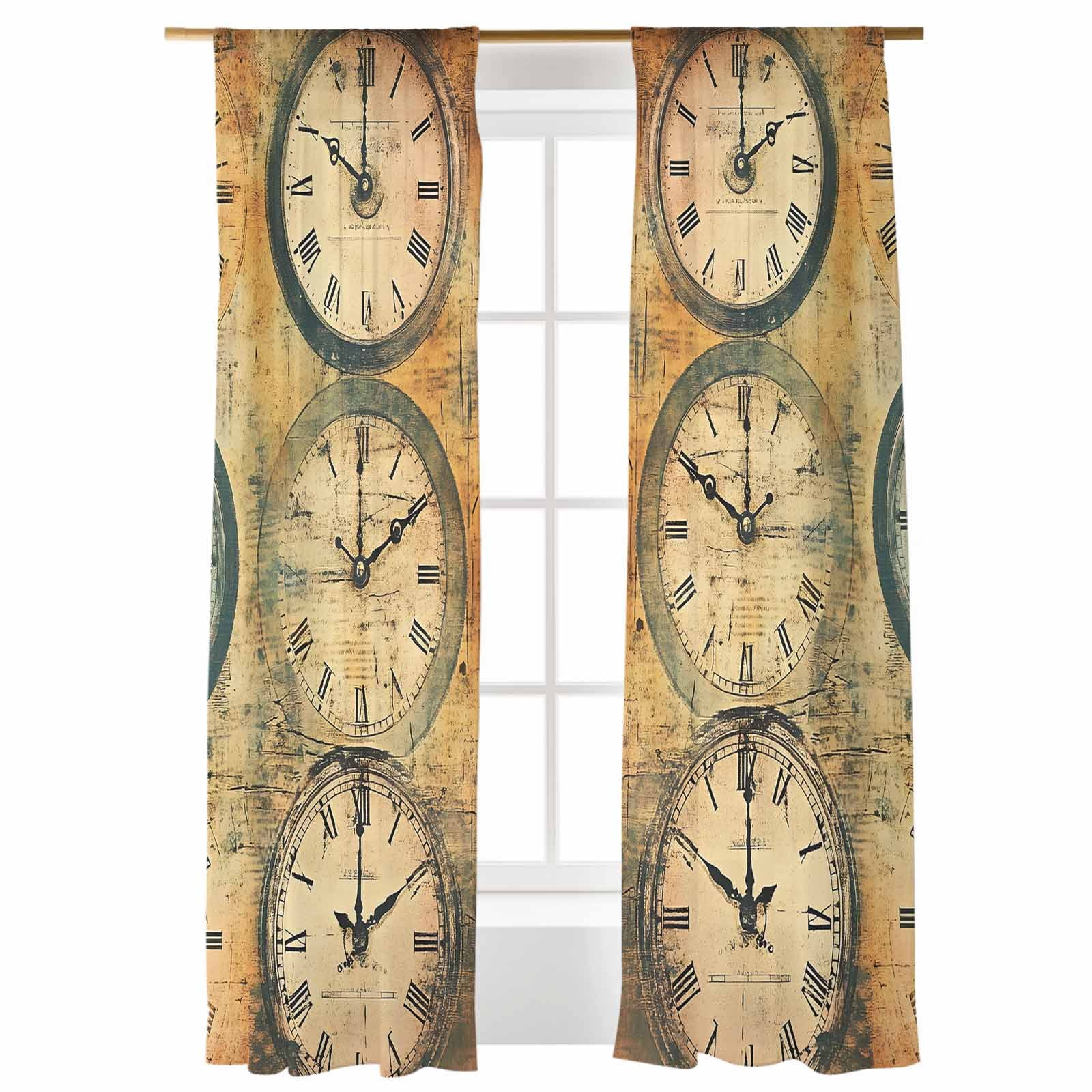 Retro Clocks Sheer Curtains 108 inches Long 2 Panels Set Hand Painted ...