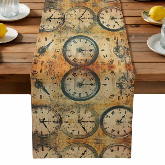 Retro Clocks Table Runner, Hand Painted Kitchen Table Runners Dress Scarves for Table Decorations Party/Restaurant/Indoor Outdoor Use, 13x36in
