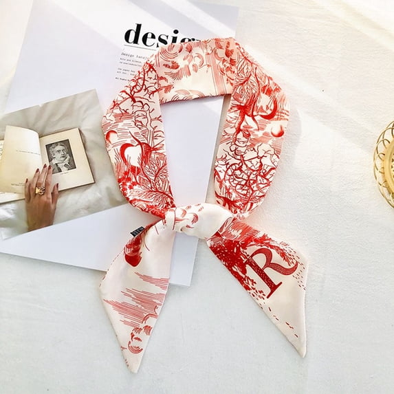 Retro Cloth Women Long Ribbon France Bow Silk Scarf Satin Head Rope Printing Hair Scarf Korean Style Headband Silk Scarf Headband Female Headwear R
