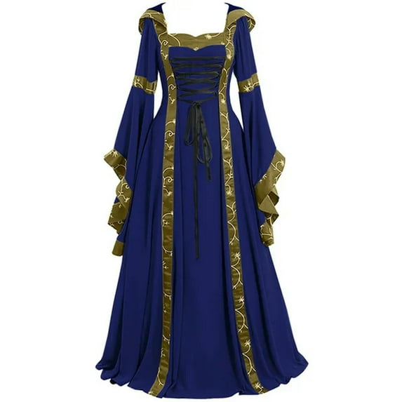 Retro Clothing Women's Gothic Dress Up Party Outfits Retro Hooded Swing Maxi Dress-blue-XXL