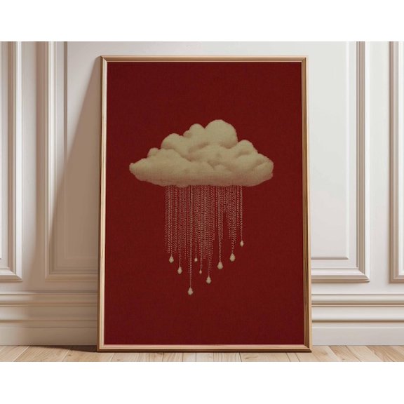 Retro Cloud Vintage Rain Surreal Sky Retro Abstract Minimalist Cloud Raindrops Wall Art Print, Unframed Paper Poster 8x10in