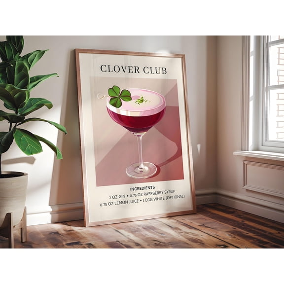 Retro Clover Cocktail Illustration Wall Art for Home Decor, Unframed Paper Print Size 24x36