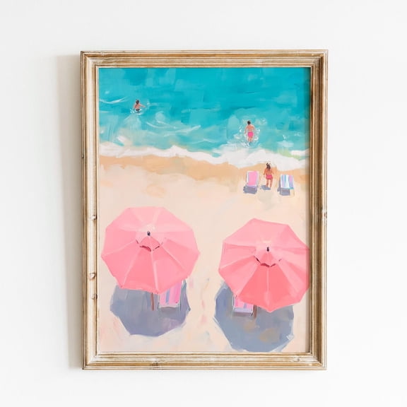 Retro Coastal Beach Print, Pastel Pink Ocean Decor, Pink Umbrella Seaside, Ocean View Art, Beach Blue Print, Summer Home Decor