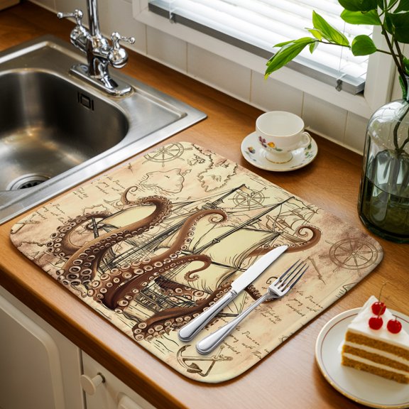 Retro Coastal Ocean Octopus 1 Pack Dish Drying Mat,Absorbent Drying Pad Nautical Sailing Boat on Map Microfiber Kitchen Countertop Protector Mats Dish Drainer Rack Mat for Cups Glassware,16x18in