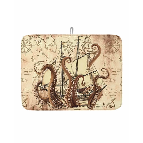 Retro Coastal Ocean Octopus Dish Drying Mats for Kitchen Counter,Absorbent Microfiber Dish Drainer Rack Mat Nautical Sailing Boat on Map Drying Pad for Sinks,Utensils,Countertops,18x24in