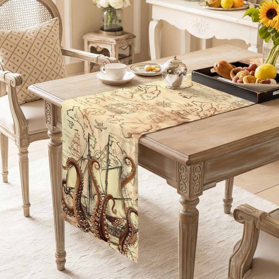 Retro Coastal Ocean Octopus Table Runner 13x90in Non-Slip Cotton Linen Table Runners, Nautical Sailing Boat on Map Dresser Scarves TableRunner for Dinner Kitchen Dining Wedding Party