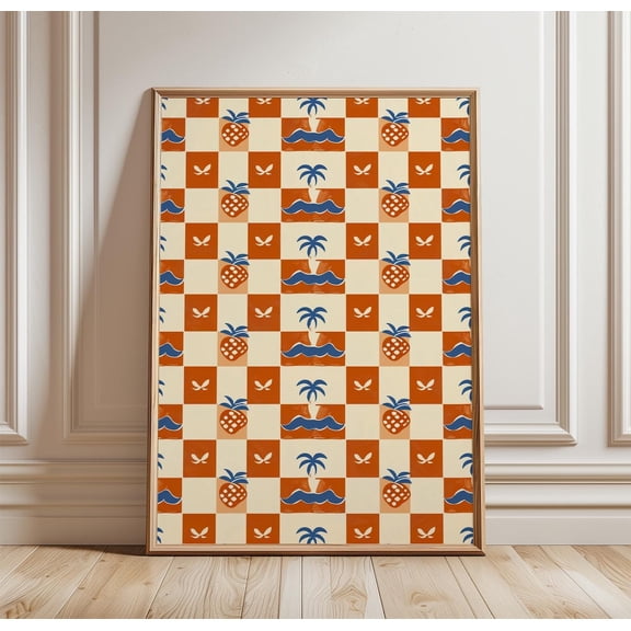 Retro Coastal Pattern Checkered Beach Palm Tree Fruit Summer Decor Unframed Paper Print