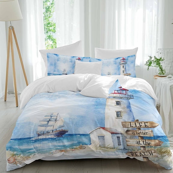 Retro Coastal Seaside Landscape Queen Size Bed Set,Beach Lighthouse Sailboat Bedding for All Seasons,4 Pcs Bed Set,1 Quiltcover(90"x92"),1 Sheet(94"x116"),2 Pillowcases(30"x20")
