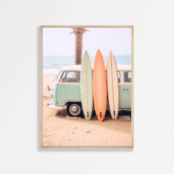 Retro Coastal Surf Art Print, Pastel Tropical Beach Scene