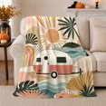 thumbnail image 1 of Retro Coastal Trailer Adventure Palm Leaves Sunset Glow, Rustic Camping Scene, Warm Flannel Blanket for Cabin and Lodge, Outdoor Lovers Friendship Gift, Artistic Home Decor, 1 of 9