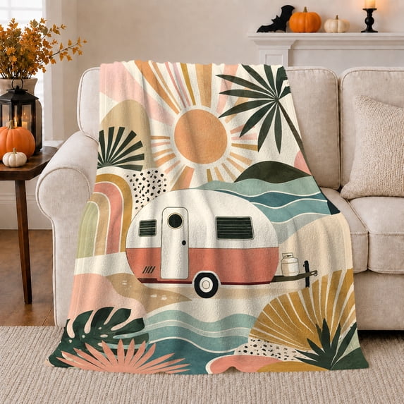 Retro Coastal Trailer Adventure Palm Leaves Sunset Glow, Rustic Camping Scene, Warm Flannel Blanket for Cabin and Lodge, Outdoor Lovers Friendship Gift, Artistic Home Decor