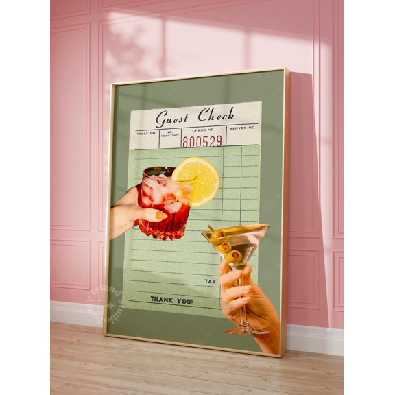 Retro Cocktail Print Sage Green Guest Check Bar Cart
