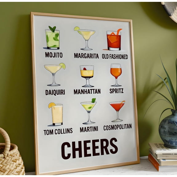 Retro Cocktails Oak Frame Bar Art, Unframed Paper Print Size 8x12