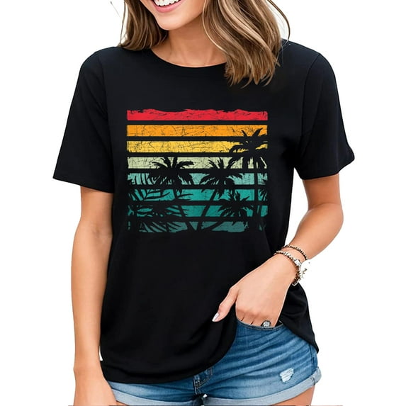 Retro Coconut Palm Trees Beach Exotic Tropical Summer Womens T-Shirt Black Medium