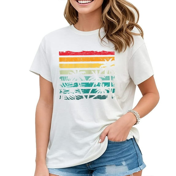 Retro Coconut Palm Trees Beach Exotic Tropical Summer Womens T-Shirt White 2X-Large