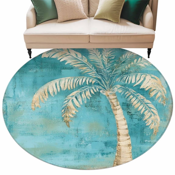 Retro Coconut Tree Round Area Rug 5ft Tropical Plant Non-Slip Washable Circle Rugs Soft Felt Indoor Floor Mat for Bedroom Kitchen Living Room Bathroom