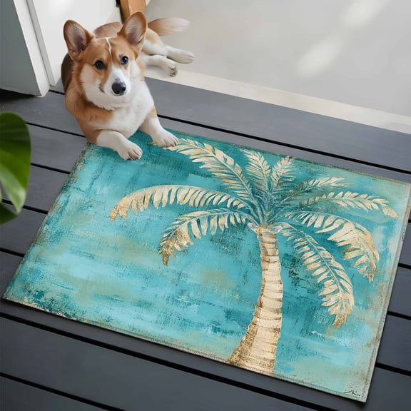 Retro Coconut Tree Washable Area Rug 2x3 Tropical Plant Hand-painted Oil Painting Low-Profile Area Rugs with Non Slip Backing Indoor Floor Carpet for Entrance Living Room Bedroom Home Office