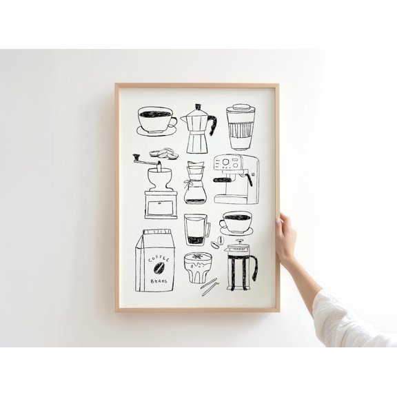 Retro Coffee Art Print Kitchen Wall Decor for Lovers, Stretched Canvas 8x10in