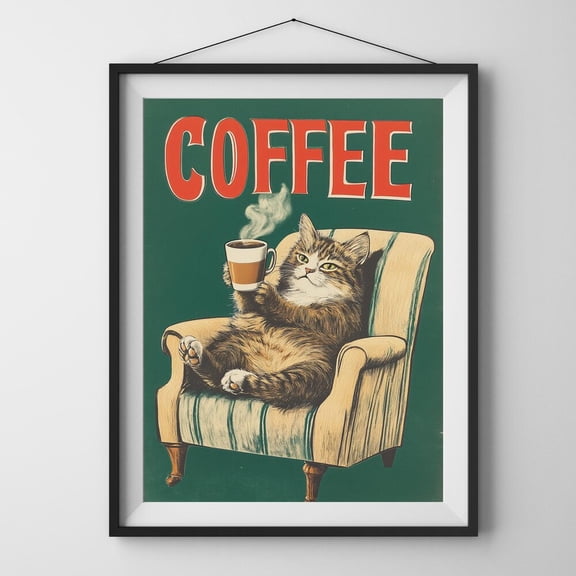 Retro Coffee Cat Art Print: Funny Vintage Poster UNFRAMED PAPER POSTER, Home Decor, Vintage Gift, Living Room Dercor