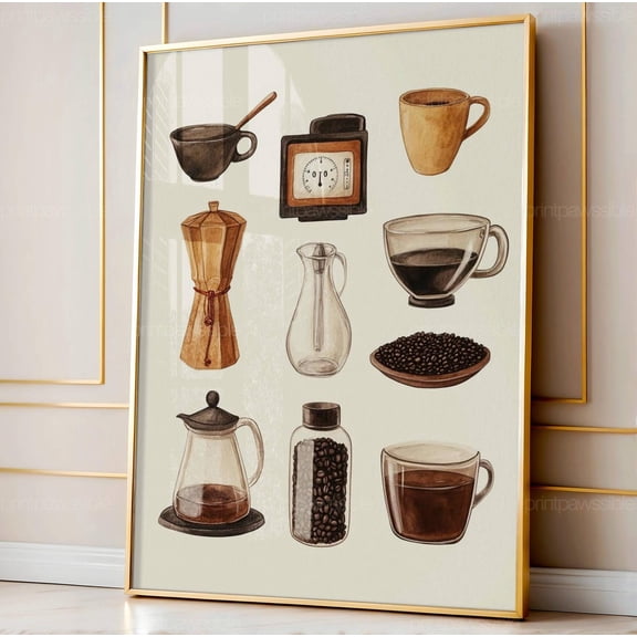 Retro Coffee Chart Vintage Coffee Bar Supplies Print Minimal Art Lovers Wall Decor, Stretched Canvas 8x10in