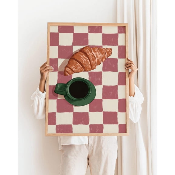 Retro Coffee Croissant Wall Art Checkered Kitchen