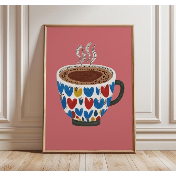 Retro Coffee Cup Colorful Hearts Kitchen Unframed Paper Print 12x18in