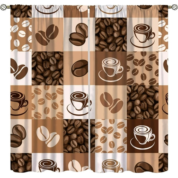 Retro Coffee Curtains, Abstract Modern Art Cappuccino Coffee Shop Plaid Theme Pattern Window Drapes for Kitchen Living Room Bedroom Cafe 2 Panel Set, 52x84 Inch