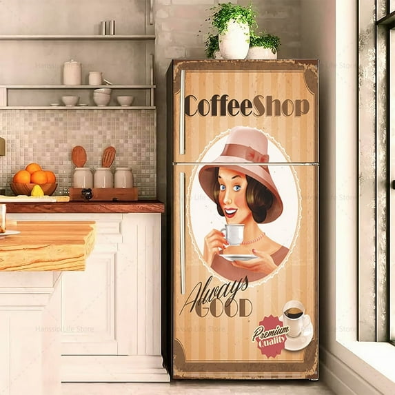 Retro Coffee Drink Fridge Door Sticker Waterproof PVC Refrigerator Wallpaper Vintage Coffee Poster K