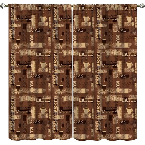 Retro Coffee Kitchen Curtains, Vintage Scribble Cafeteria Pattern Hot Mocha Latte Milk Love Typography Rod Pocket Thermal Drapes for Living Room Bedroom Cafe, 42x63 Inch