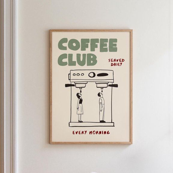 Retro Coffee Machine Wall Art, Hand Drawn Coffee Print in Linen Green & Blue, Neutral Kitchen Poster, Minimalist Scandi Cafe Decor MR3 , Poster Print Only