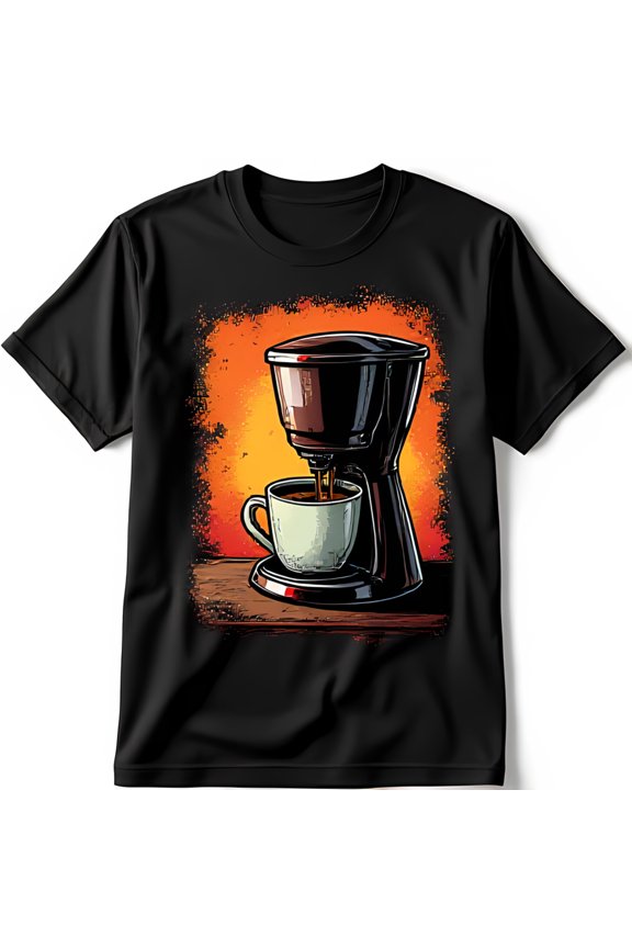 Retro Coffee Maker Graphic T-Shirt Bold Design on Black Tee