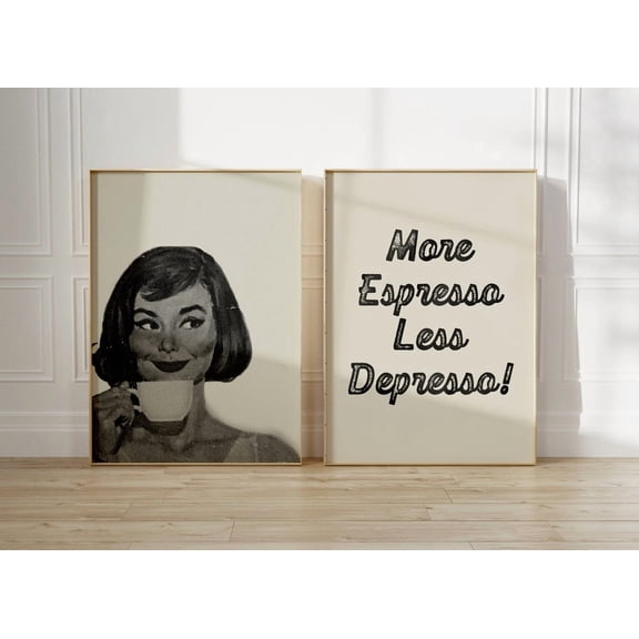 Retro Coffee Print Black and Beige Kitchen Cafe Decor Set 2 Unframed Paper Print 20x30