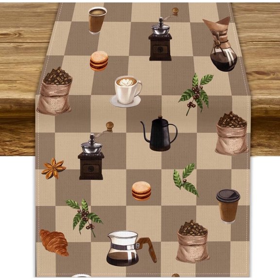 Retro Coffee Table Runner, Rustic Brown Checkered Watercolor Coffee Makers Cup Table Cloth for Cafe Home Party Cooking Restaurant Kitchen Dinner Table Decor, 13x36inch