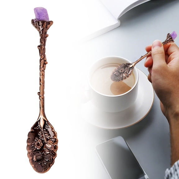 Retro Coffee & Tea Spoons, Natural Crystal Raw Stone Spoon, Long Handle Mixing Spoons, Retro Carved Mixing Spoon, Household Flatware Spoon for Kitchen Purple 1.1x4.33 In (1Pcs)