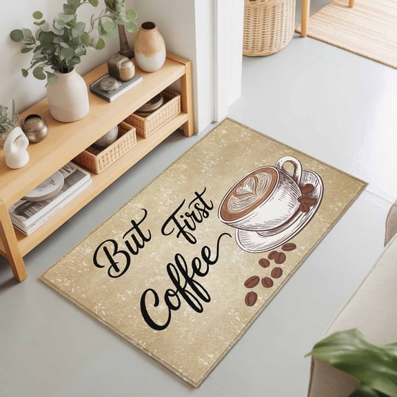 Retro Coffee Theme Rectangle Area Rug 2x3ft,Living Room Rug Non-Slip Washable Circle Rugs Pad,Coffee Cup Beans Vintage Back Soft Floor Carpet for Bedroom Dining Room