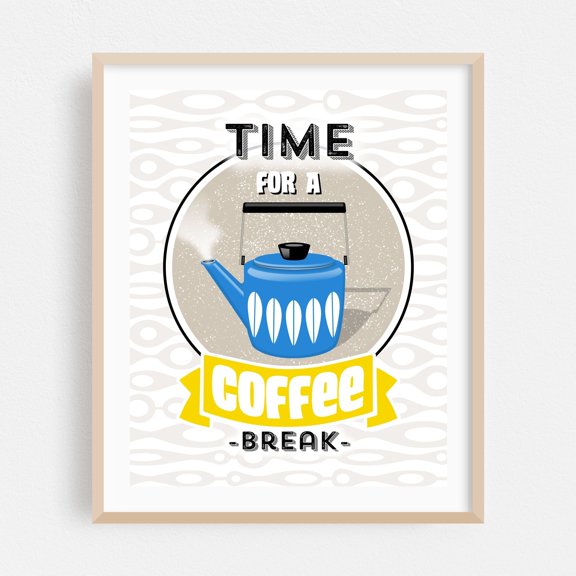 Retro Coffee Wall Art Quote // Time For a Coffee Break Typography // Coffee Kettle // Khaki Brown, Cobalt Blue, Yellow, White - Digital Art Coffee Retro Oak Framed Wall Art Print 24 x 36 inches