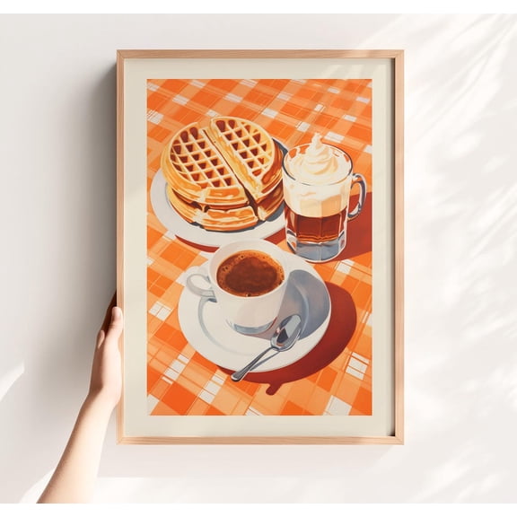 Retro Coffee and Waffles Orange Cafe Kitchen Wall Decor, Stretched Canvas 16x20in