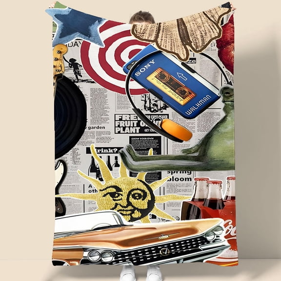 Retro Collage Tapestry 70.07 x 90.55 Inches with Ghost, Walkman, Guitar and Coca-Cola Design for Wall Decor