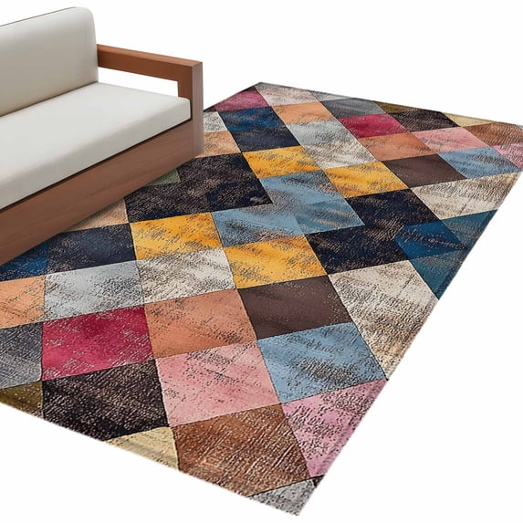 Retro Color Block Area&nbsp;Rug 4x6ft Abstract Colorful Prismatic Non-Slip&nbsp;Washable Square&nbsp;Rugs Soft Felt Indoor Floor Mat for Bedroom Kitchen Living Room Bathroom