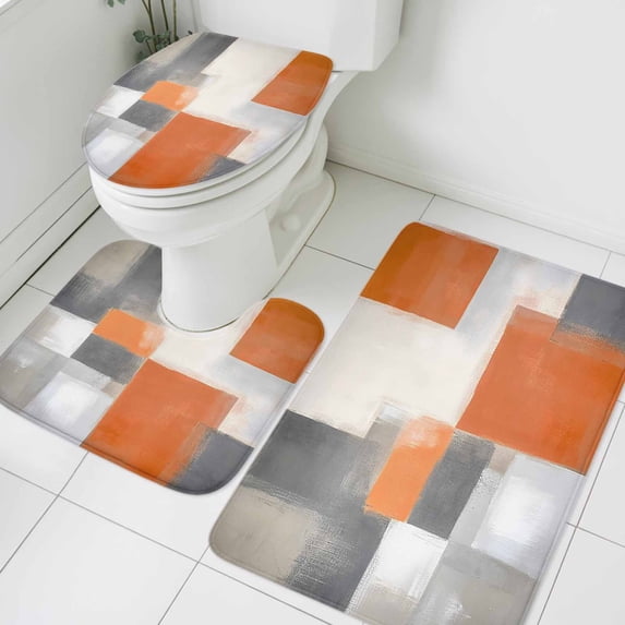 Retro Color Block Bathroom Rugs Set Grey Orange Geometric Oil Painting Style Non Slip Absorbent Soft Bath Mats 3 Piece Set with Bathroom Rug, U-Shaped Floor Mat, Toilet Seat Cover Large Size