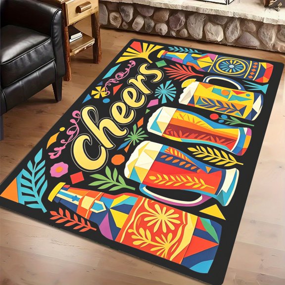 Retro Color Block Cheers Beer Graphic Non-Slip Accent Rug, Home Bar Entryway Living Room Housewarming Decor, Thanksgiving Christmas Gift
