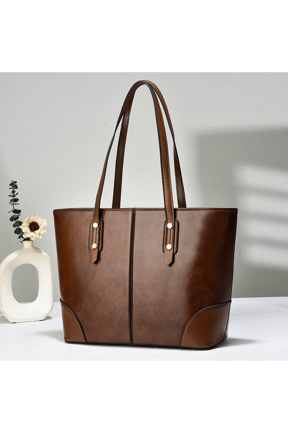 Retro Color Block Ladies Tote Shoulder Bag, Large Capacity Faux Leather Casual Shopper Purse for Work and Everyday Use