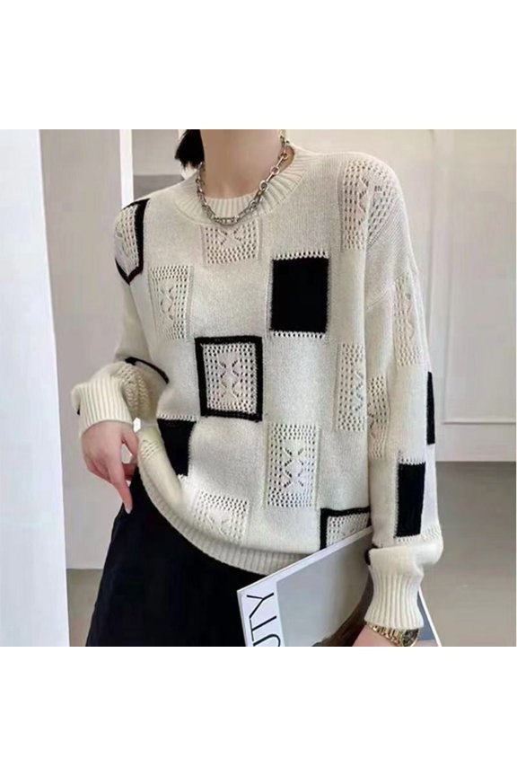 Retro Color Block Plaid Sweater, Crew Neck Long Sleeve Knit Top for Daily Party & Dating